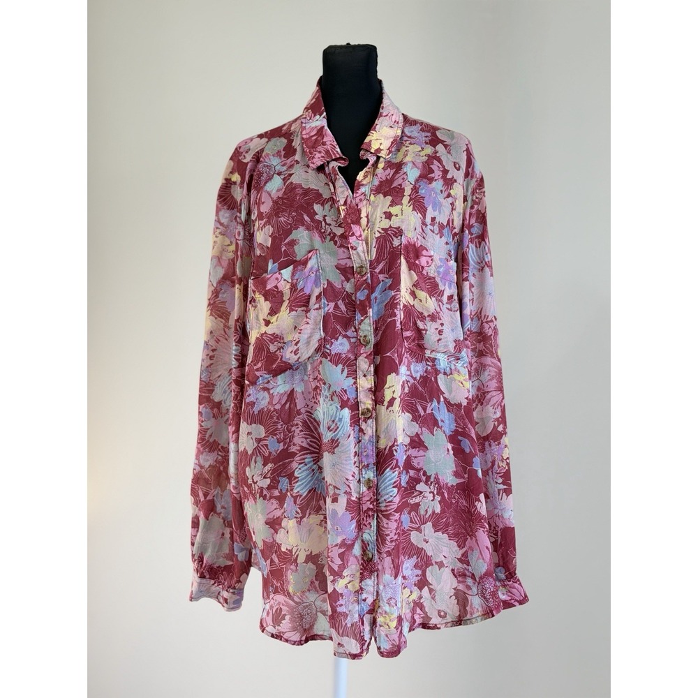 Pilcro Anthropologie Floral Button Down Blouse Shirt Pink Oversized Size L
